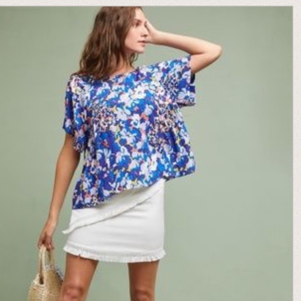Anthropologie Floral Blue Short Sleeve Blouse